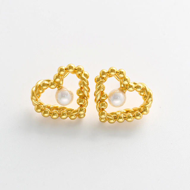Vintage twisted heart pearl gold plated copper studs earrings