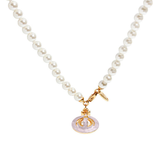 Famous brand color enamel saturn pendant pearl necklace