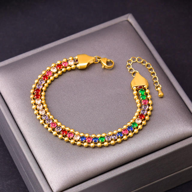 Luxury rainbow cz tennis bracelet stainless steel bracelet