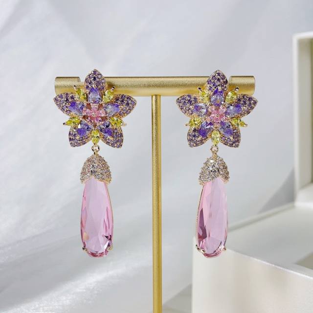 Handmade colorful cubic zircon flower drop earrings for women