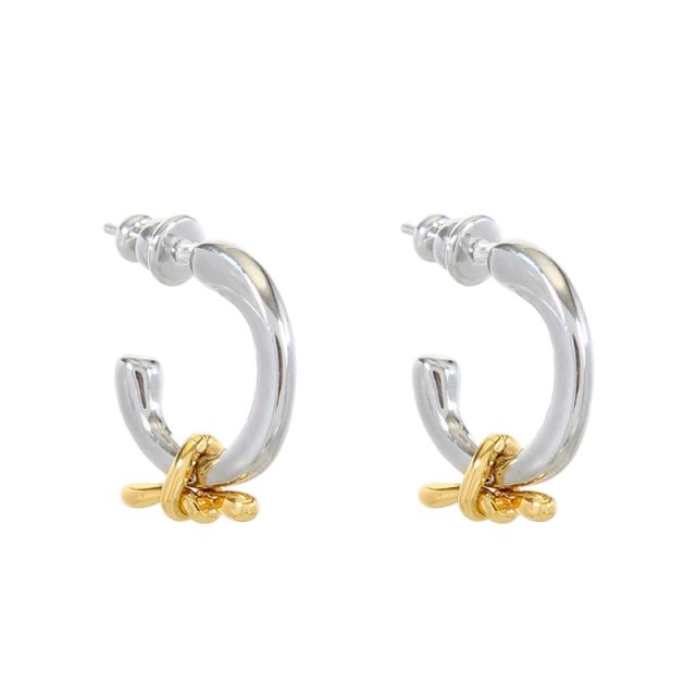 Unique two tone knot design open hoop copper earrings