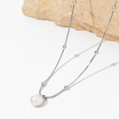 Chic water pearl one pearl pendant stainless steel necklace