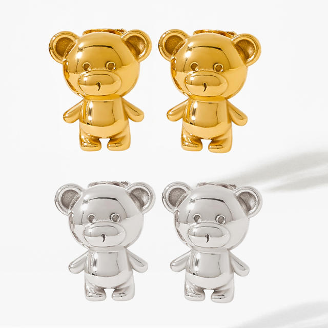 Cute funny bear chunky stainless steel studs earrings