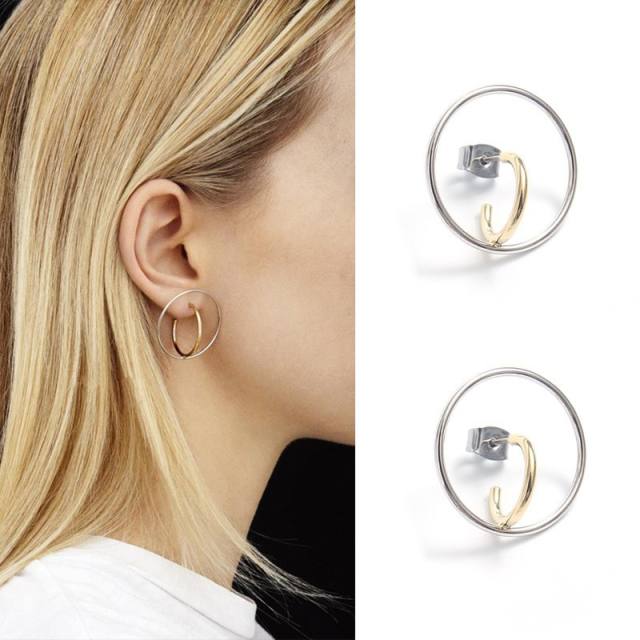 Geometric circle two tone copper studs earrings