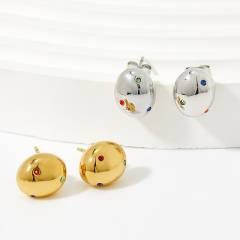 Popular color cubic zircon chunky ball geometric stainless steel earrings