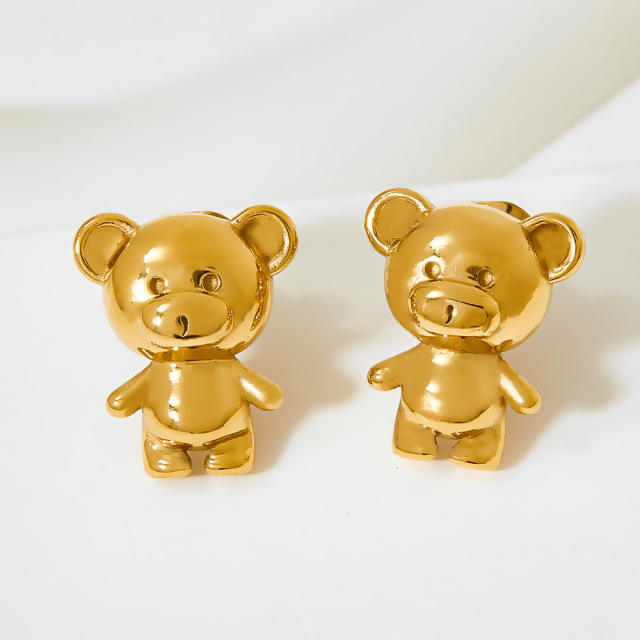 Cute funny bear chunky stainless steel studs earrings