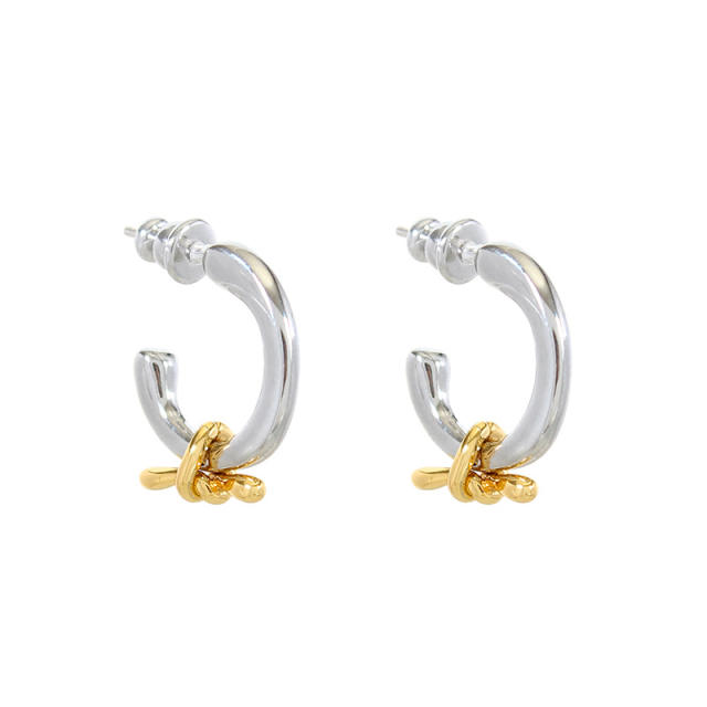 Unique two tone knot design open hoop copper earrings