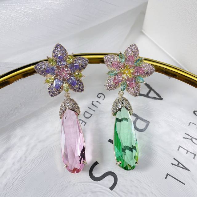 Handmade colorful cubic zircon flower drop earrings for women