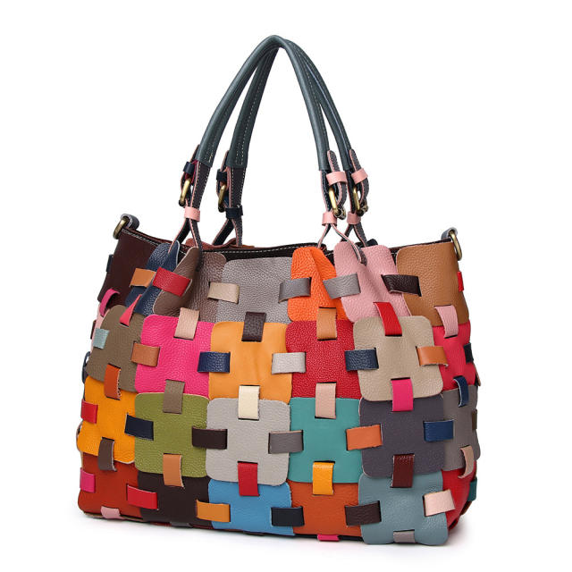 Personality colorful braid pattern Genuine Leather women tote bag