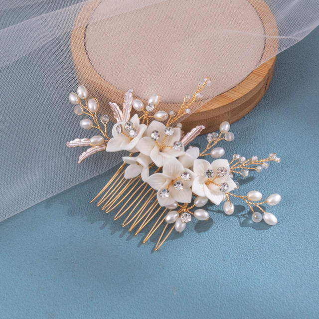 Handmade clay flower pearl bead wedding bridal hair combs