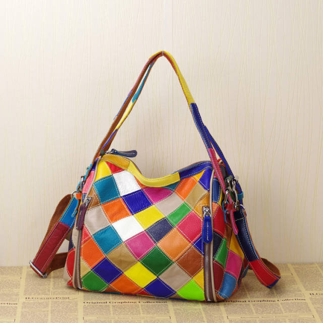 Personality color matching Genuine Leather cute women tote bag