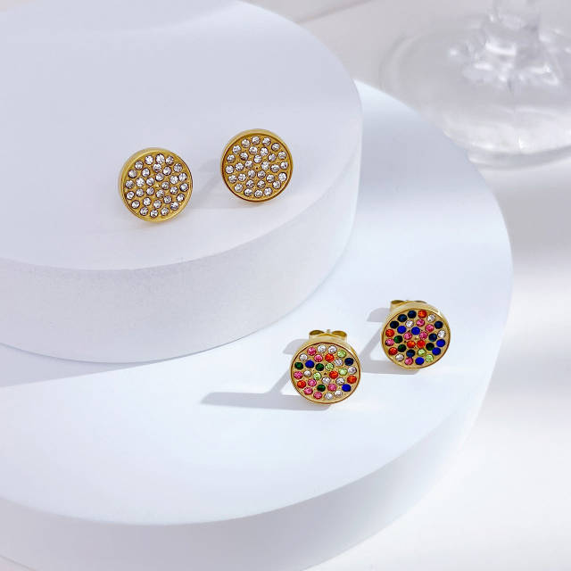 Korean fashion colorful cubic zircon round shape stainless steel studs earrings