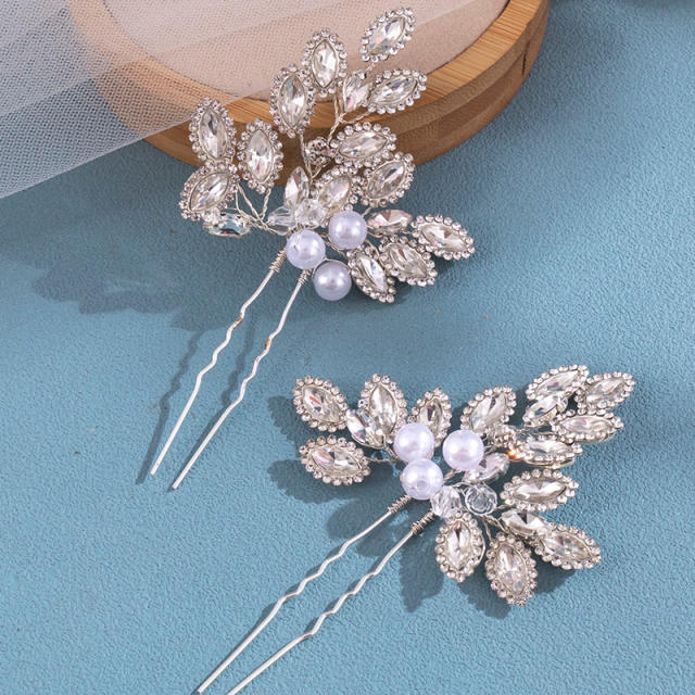 Handmade rhinestone flower pearl bead bridal hair clips hairpins