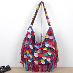 Personality colorful Genuine Leather tassel national women tote bag