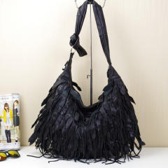 Black color Genuine Leather tassel women tote bag