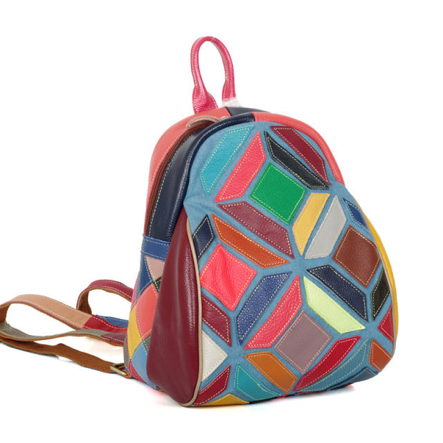 Color matching random pattern Genuine Leather women backpack