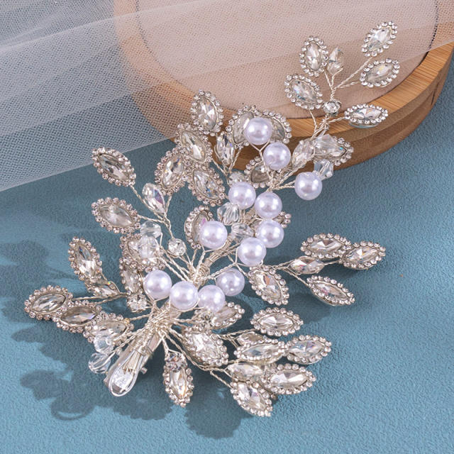 Handmade rhinestone flower pearl bead bridal hair clips hairpins