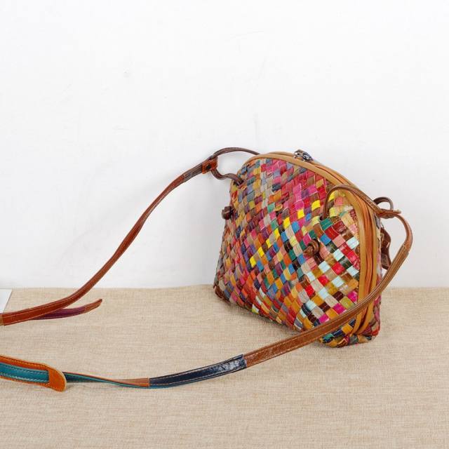 Holiday pattern colorful braid pattern Genuine Leather crossbody bag