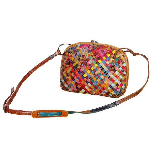 Holiday pattern colorful braid pattern Genuine Leather crossbody bag