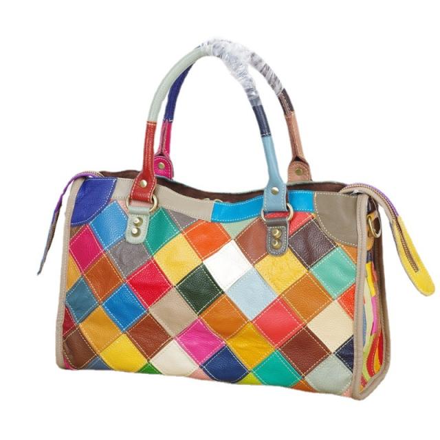 Personality color matching Genuine Leather large storage handbag