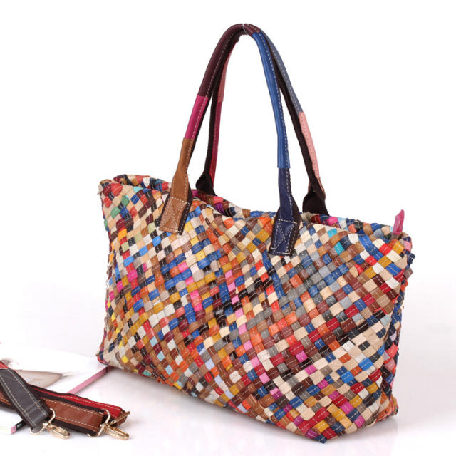 Holiday pattern colorful braid pattern Genuine Leather women tote bag