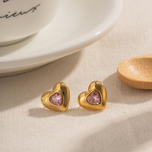 Sweet pink color cubic zircon heart stainless steel studs earrings