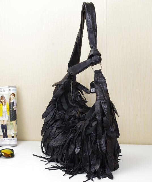 Black color Genuine Leather tassel women tote bag