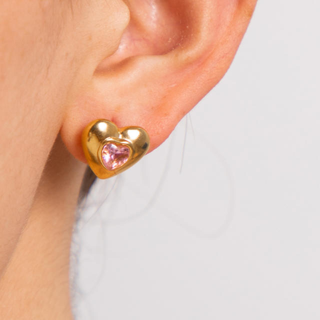 Sweet pink color cubic zircon heart stainless steel studs earrings