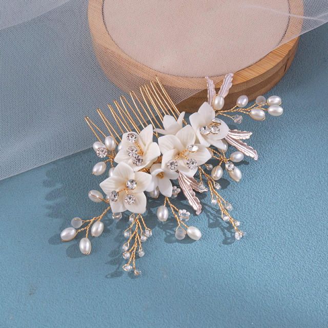 Handmade clay flower pearl bead wedding bridal hair combs