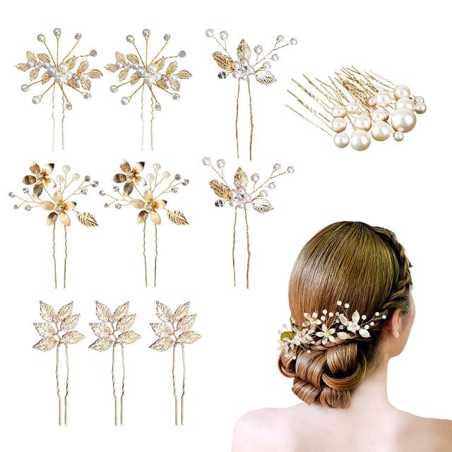 26pcs hot sale baroque gold leaf pearl bead hairpins set