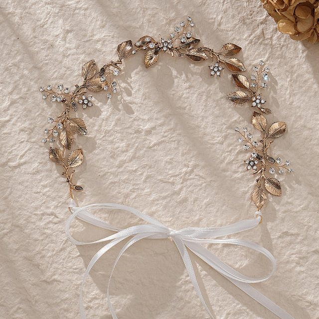 Vintage gold color metal leaf wedding headband