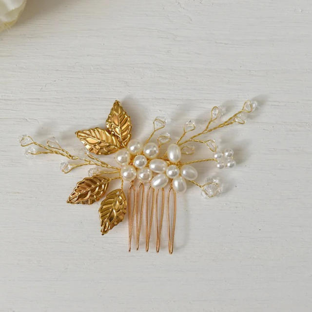 Occident fashion gold color leaf pearl bead hair combs