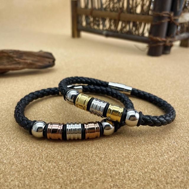 Hiphop vintage braid pu leather stainless steel bracelet for men