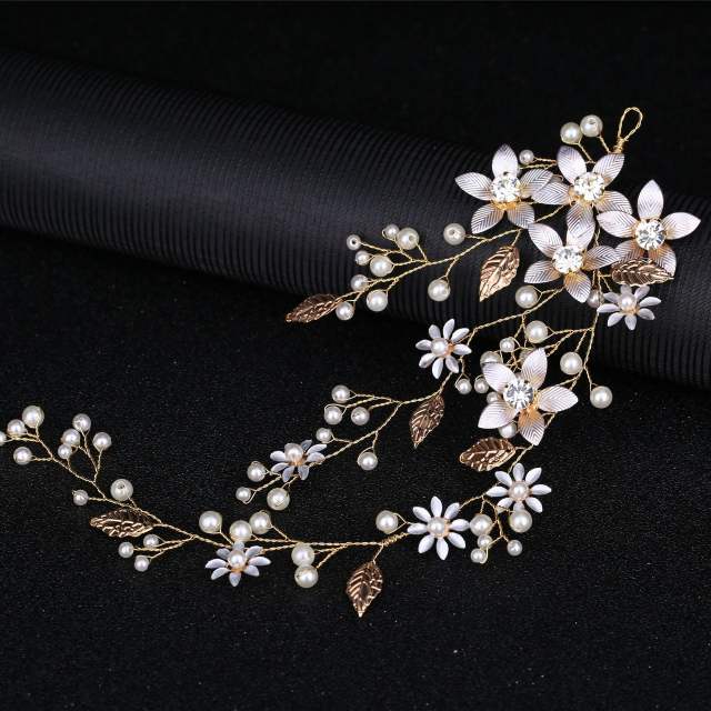 Elegant gold color metal leaf pearl flower wedding hair vines