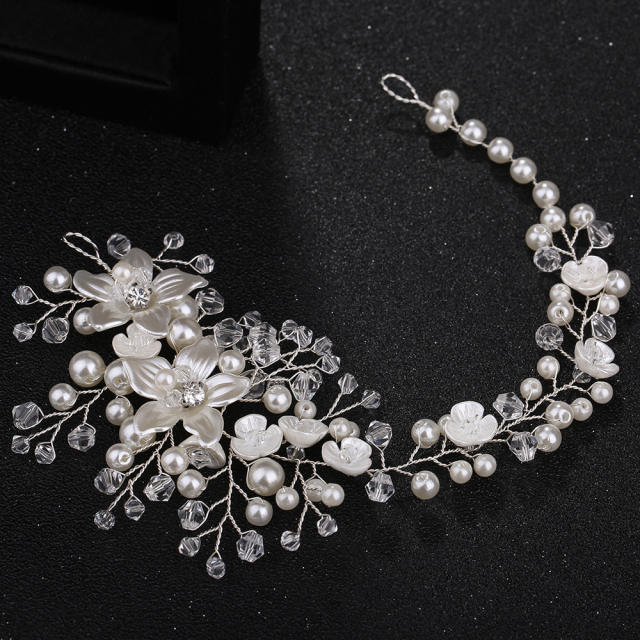 Elegant handmade white flower pearl bead wedding hair vines