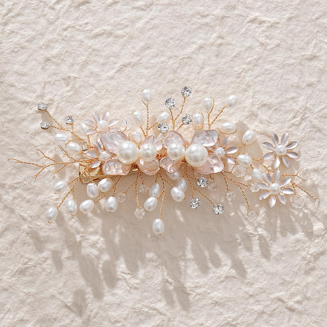 Sweet enamel flower pearl bead wedding hair clips