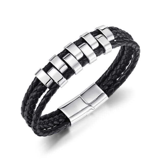 Personality punk trend stainless steel PU leather bracelet for men