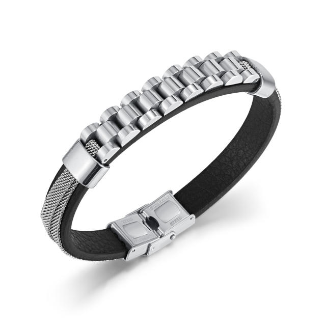 Personality stainless steel chain PU leather bracelet for men