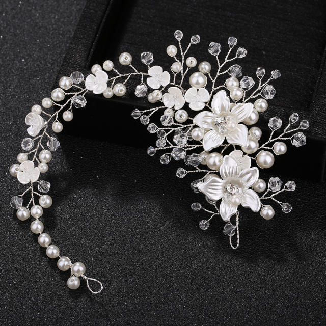 Elegant handmade white flower pearl bead wedding hair vines