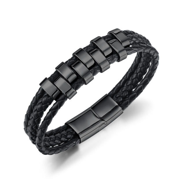 Personality punk trend stainless steel PU leather bracelet for men