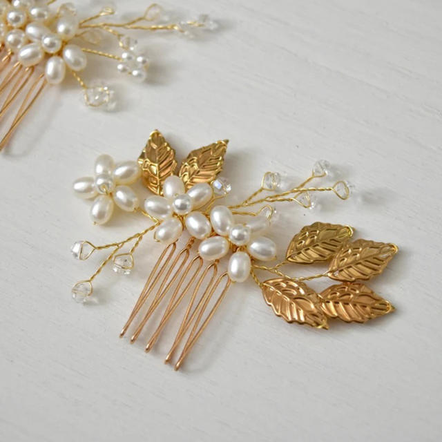 Occident fashion gold color leaf pearl bead hair combs