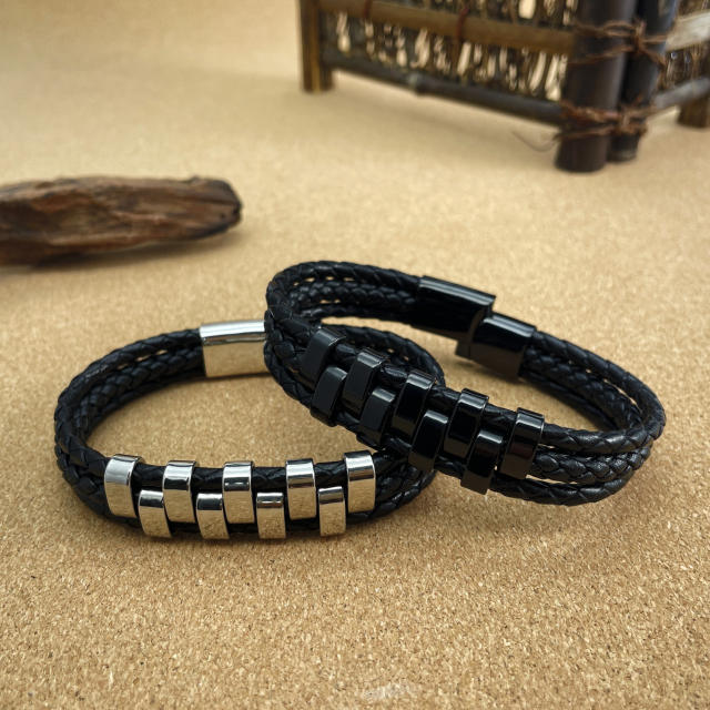 Personality punk trend stainless steel PU leather bracelet for men