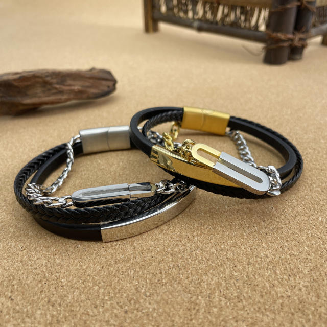 Hiphop two tone stainless steel chain PU leather bracelet for men