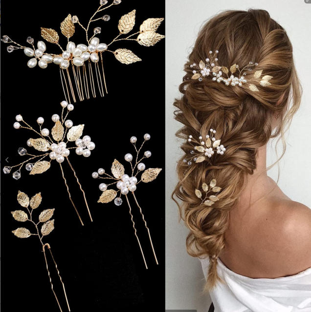 4pcs gold color leaf pearl hairpins set