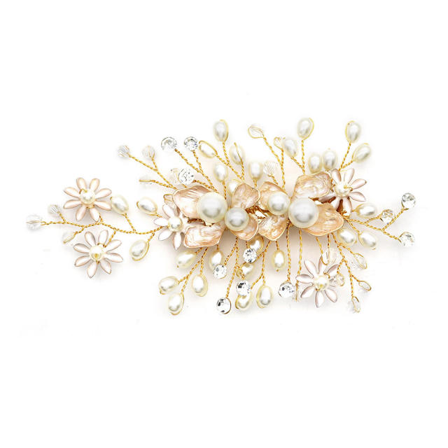 Sweet enamel flower pearl bead wedding hair clips