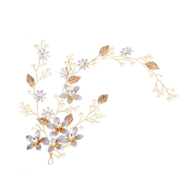 Elegant gold color metal leaf pearl flower wedding hair vines