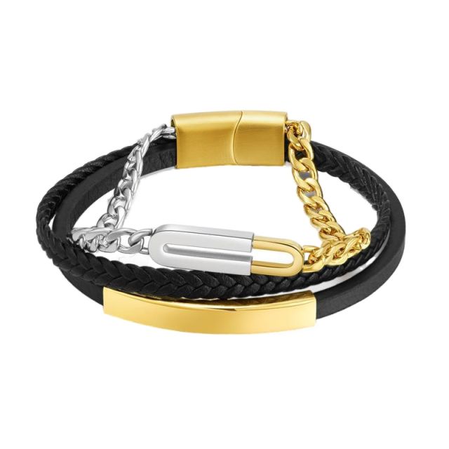 Hiphop two tone stainless steel chain PU leather bracelet for men