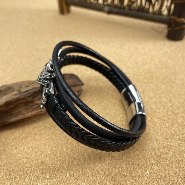 Vintage punk trend skull head PU leather bracelet for men