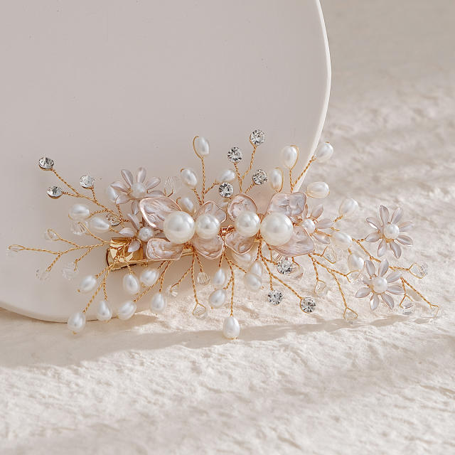 Sweet enamel flower pearl bead wedding hair clips