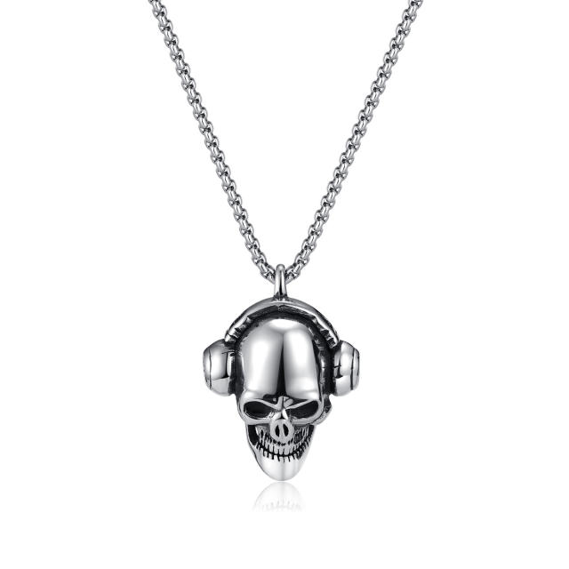 Hiphop headphone skull head pendant stainless steel necklace for men